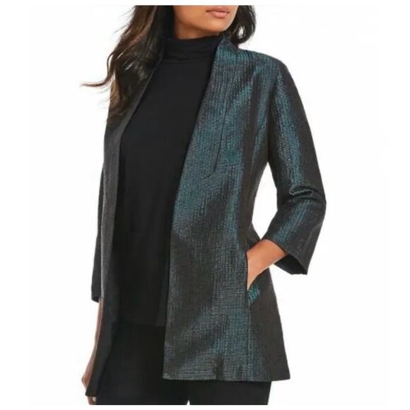 Eileen Fisher Pine Infinity Jacquard Blazer Jacket Shawl Collar Green SZ‎ Medium - Picture 1 of 12